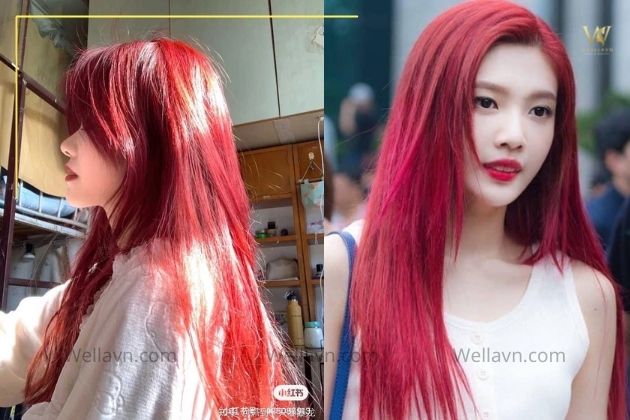 Nhuộm tóc màu đỏ hồng duõi thẳng nhẹ nhàng