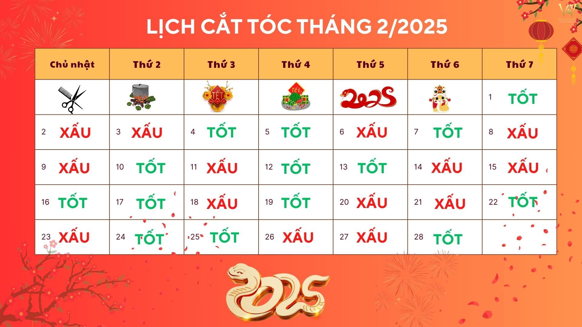 Lịch cắt tóc tháng 2 năm 2025 chi tiết