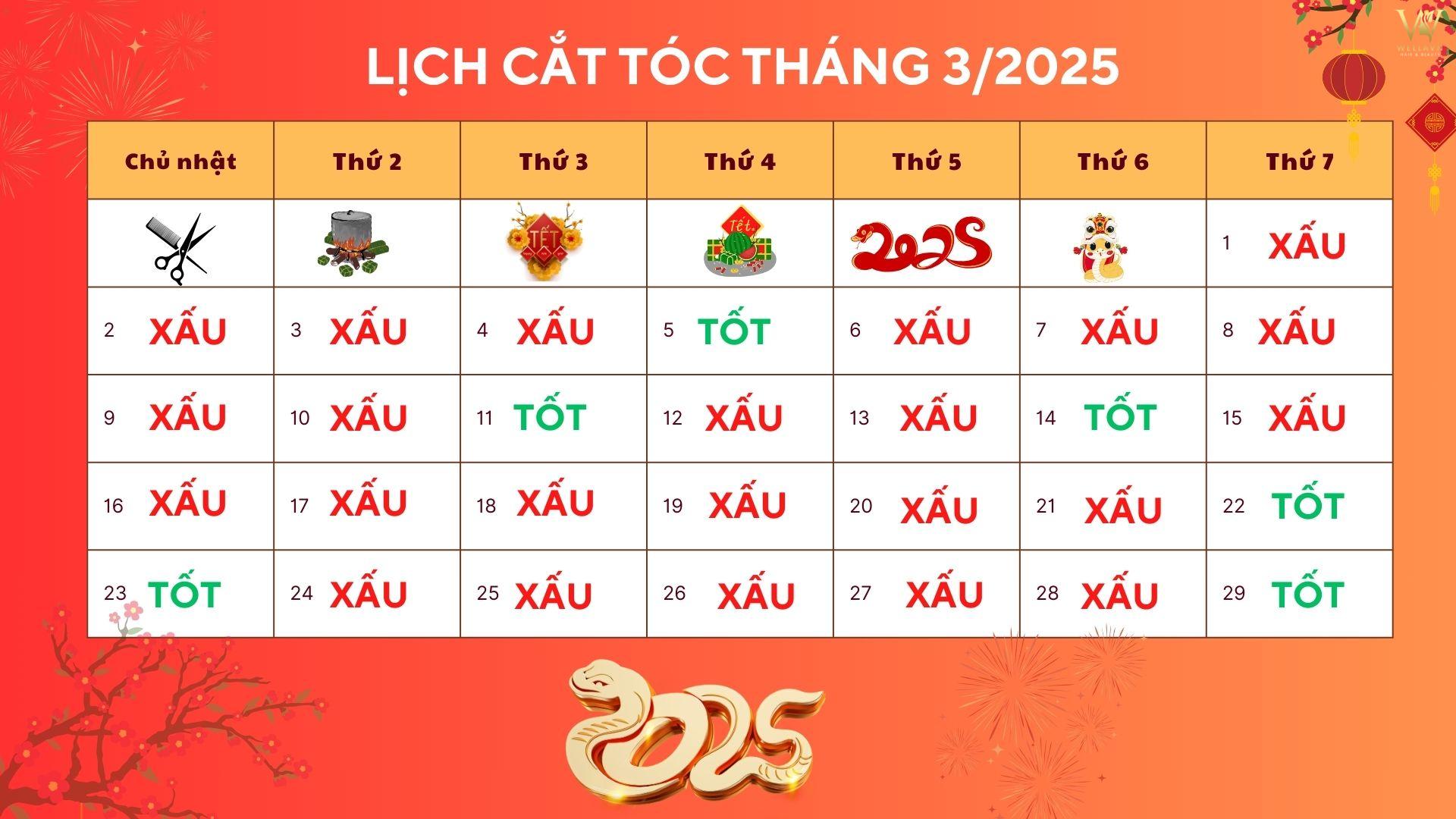 Lịch cắt tóc tháng 3 năm 2025 chi tiết nhất