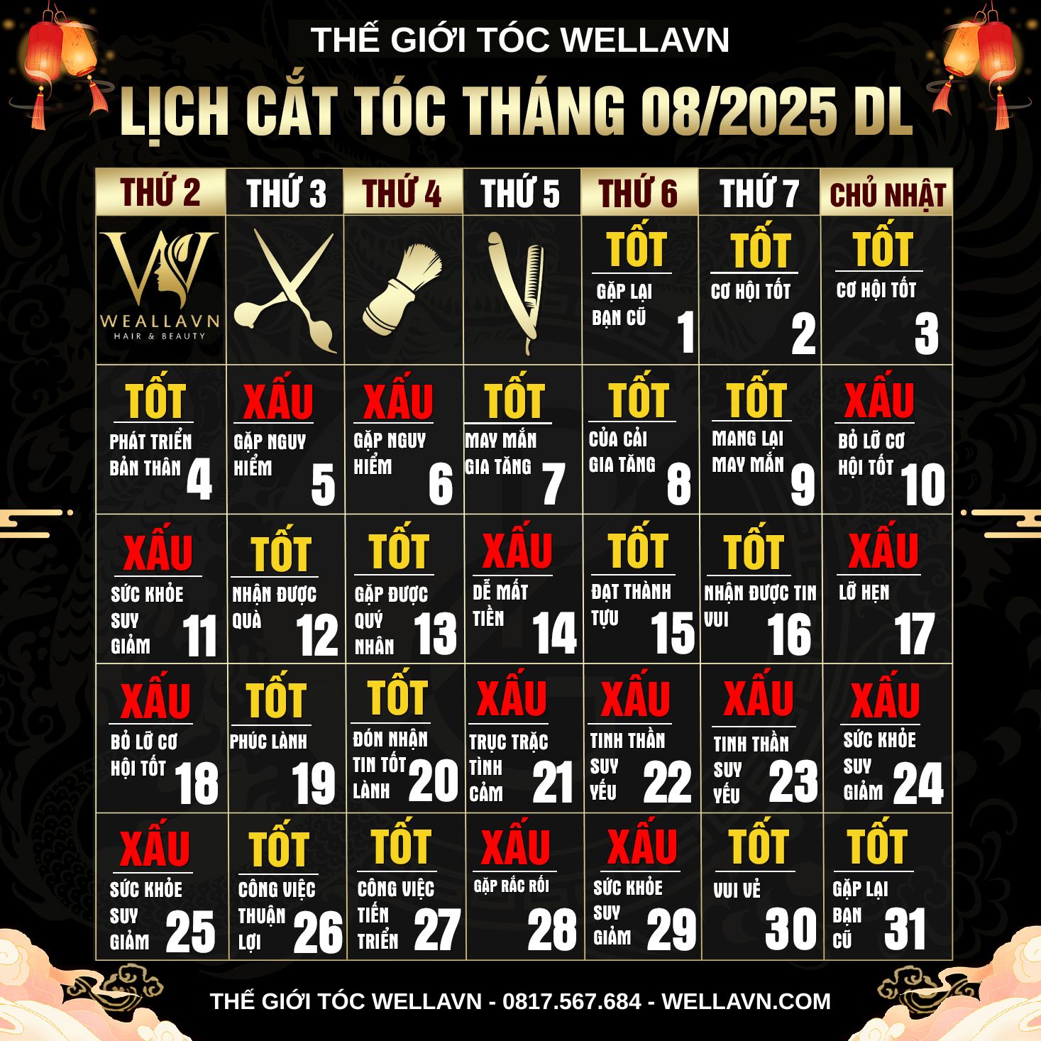 Lịch Cắt Tóc Tháng 8 2025