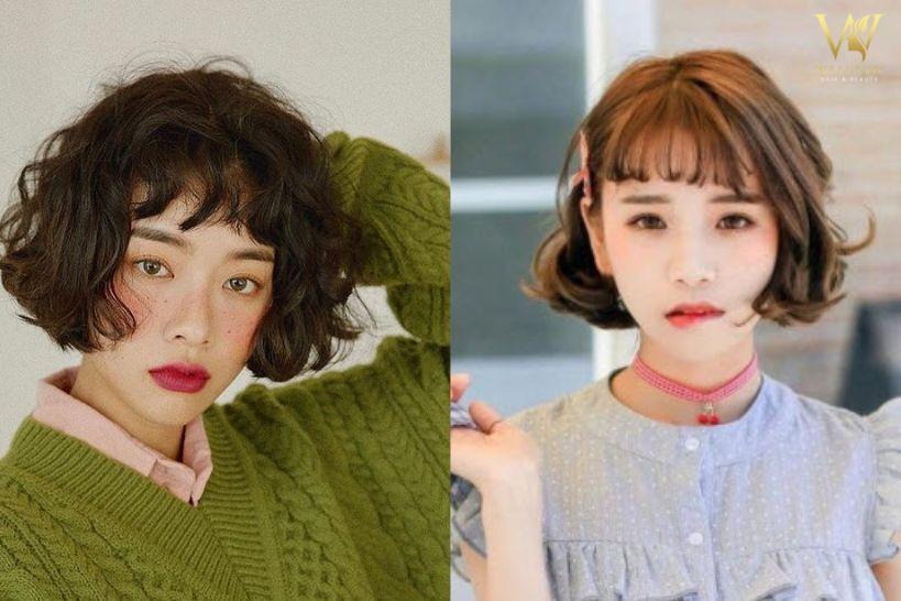 Tóc bob uốn xoăn mái ngố dễ thương