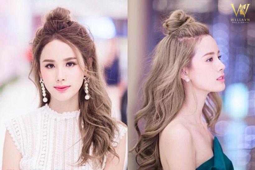 Kiểu tóc búi củ tỏi nửa đầu trẻ trung