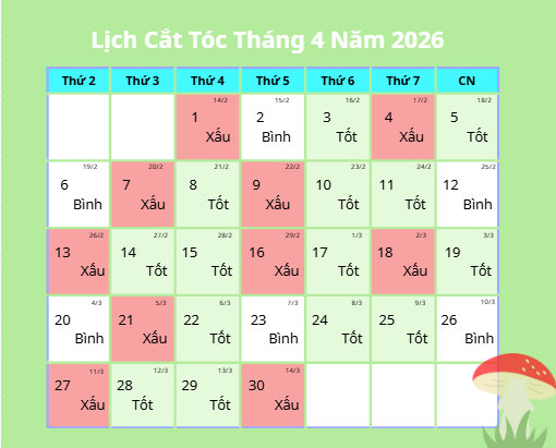 Lịch Cắt Tóc Tháng 4 năm 2026 Xem Ngày Tốt Giúp Thu Hút Tài Vận và Khí Vận Lịch cắt tóc tháng 4 năm 2026
