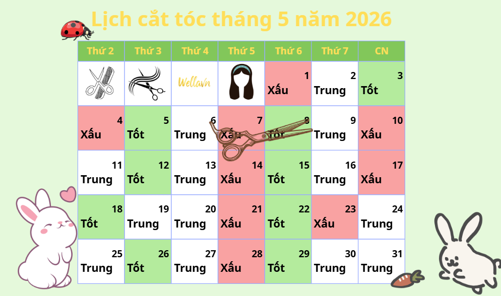 Lịch Cắt Tóc Tháng 5 Năm 2026 - Chi Tiết Theo Tuần Cho Bạn May Mắn, Tài Lộc và Vận Khí Lịch cắt tóc tháng 5 năm 2026